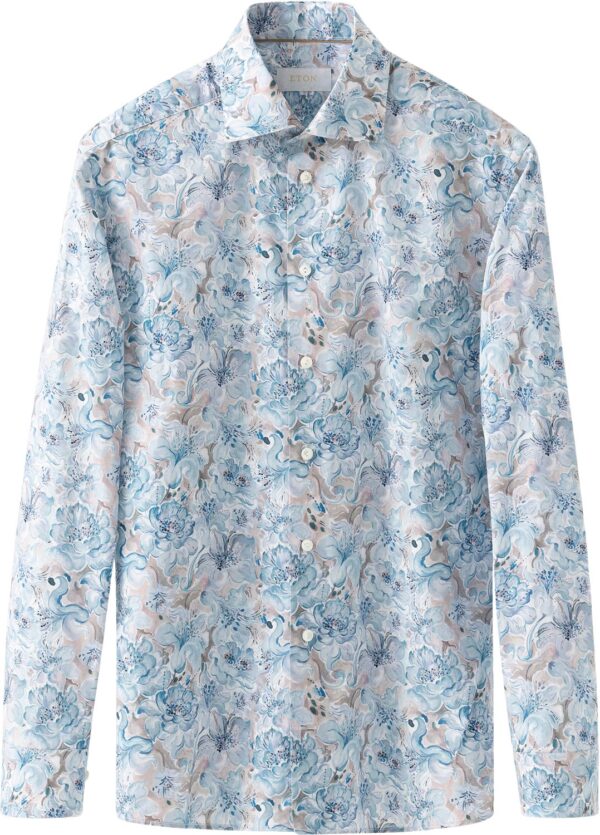 Slim Fit Light Blue Floral Print Fine Twill Shirt Blå