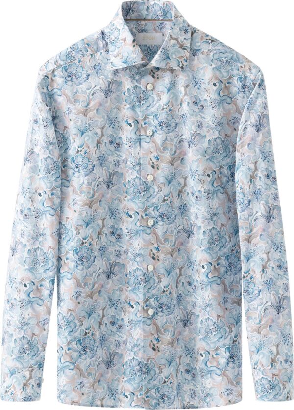 Contemporary Fit Light Blue Floral Print Fine Twill Shirt Blå