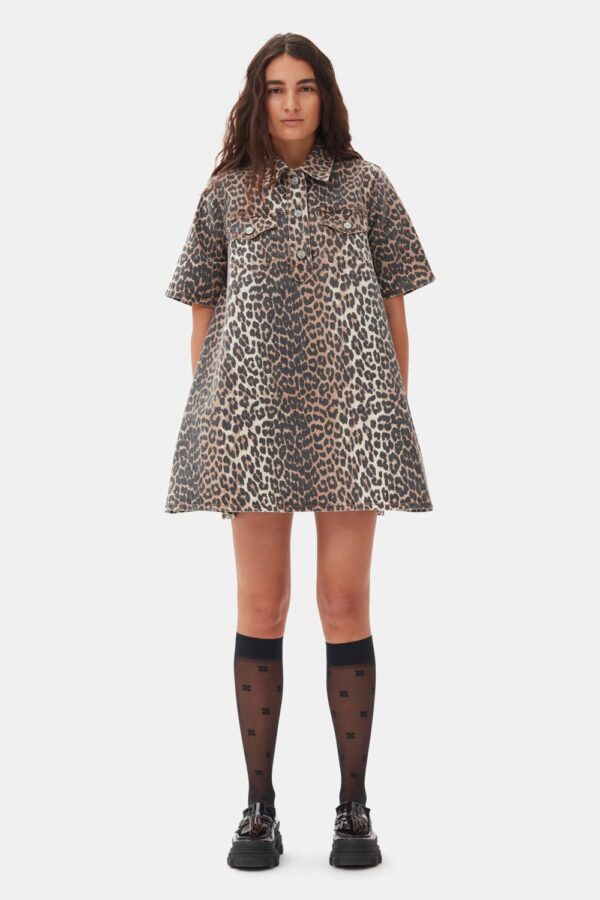 Print Denim Mini Dress Leopard