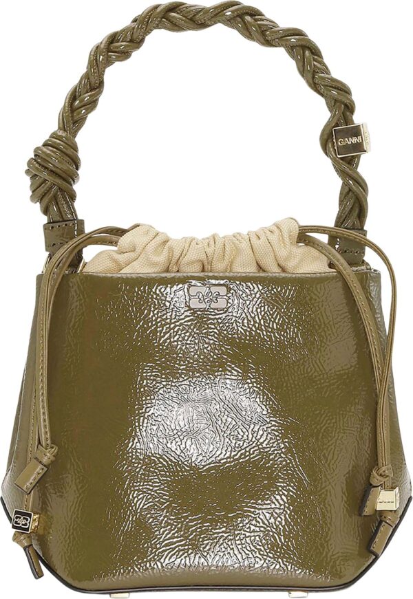 Ganni Bou Bucket Bag Patent Military Olive