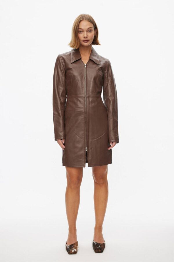 Deep Leather Zip Dress Cappucino