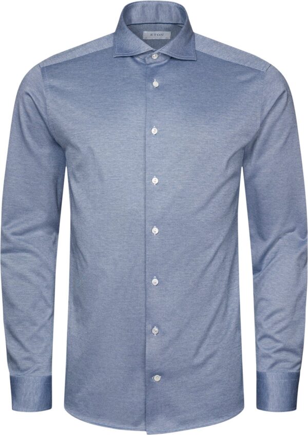 Slim Fit Mid Blue Solid Filo Di Scozia Pique Shirt Blå