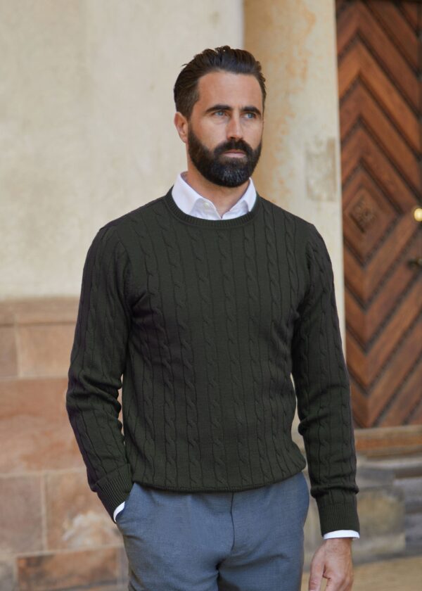 Merino Cable Knit, Olive Green - Str: M - Cotton