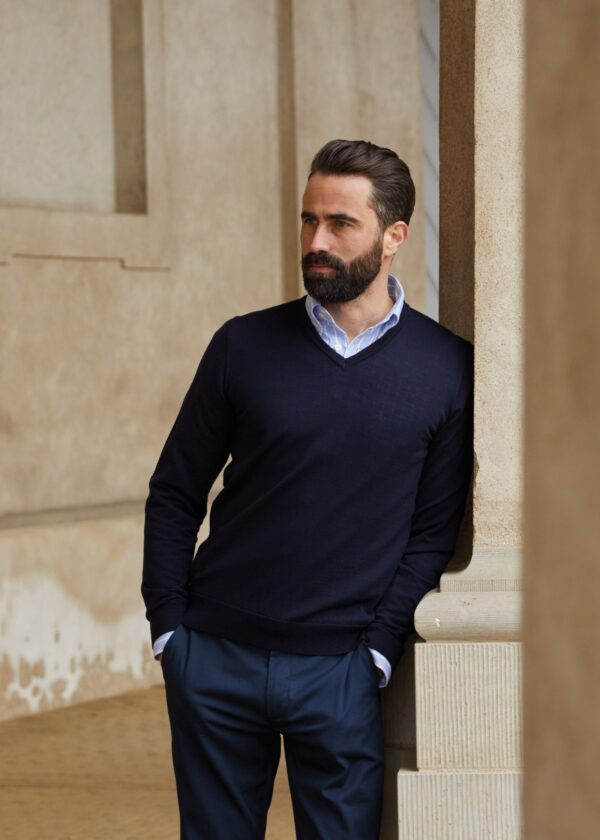 Merino Pullover V-Neck, Dark Navy - Str: M - Cotton