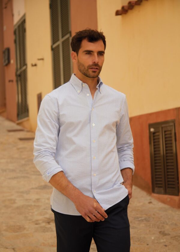 Seersucker Shirt, Brilliant Blue / White - Str: M - Cotton