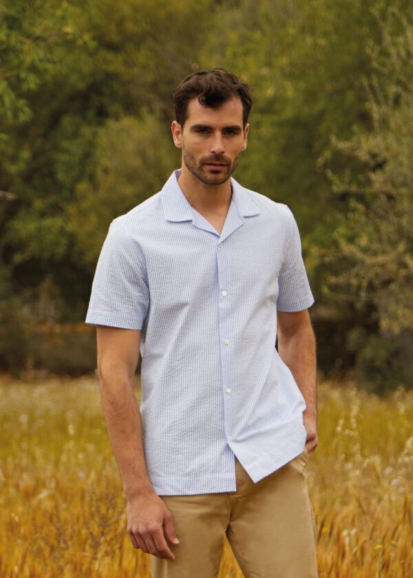 Seersucker Camp Collar Shirt, Brilliant Blue / White - Str: M - Cotton