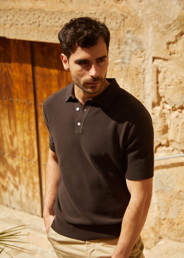 Structure Knit Polo Shirt, Brown - Str: M