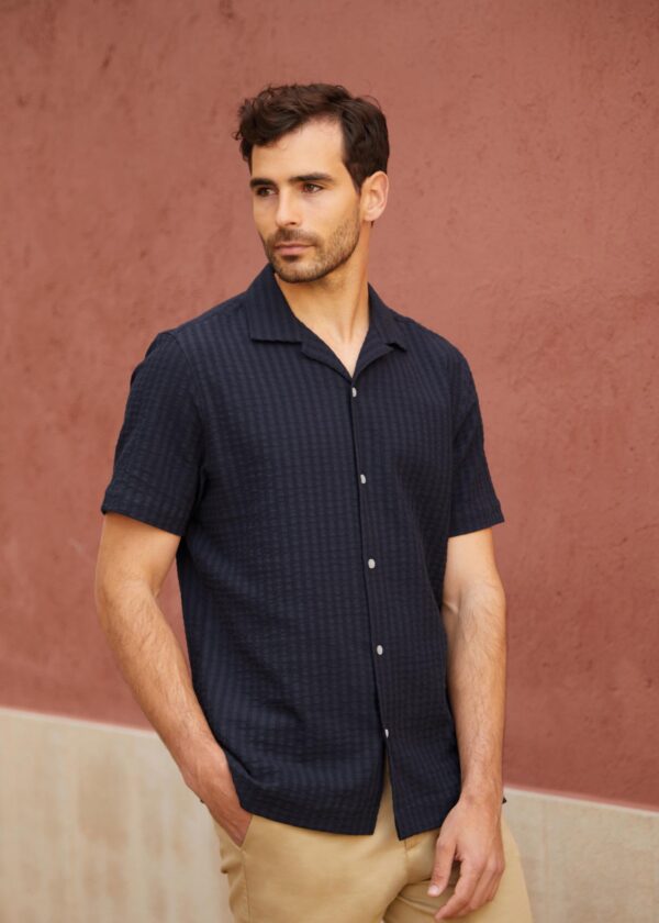 Waffle Camp Collar Shirt, Navy - Str: L - Cotton