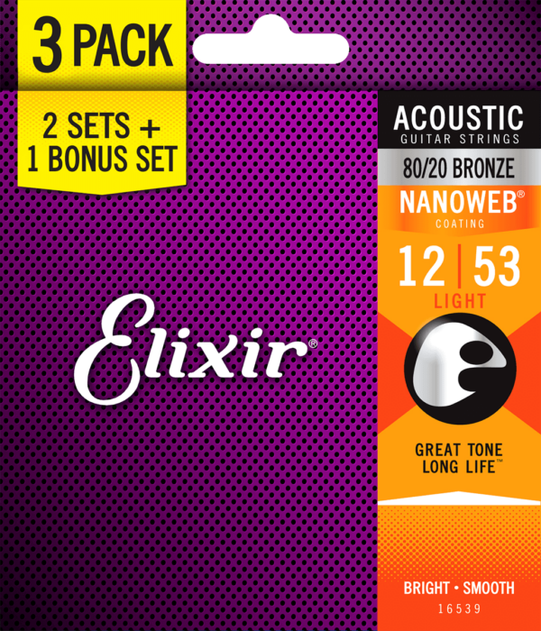 Elixir Nanoweb ACOUSTIC 80/20 BRONZE 16539 3 PACK 12-53 Light