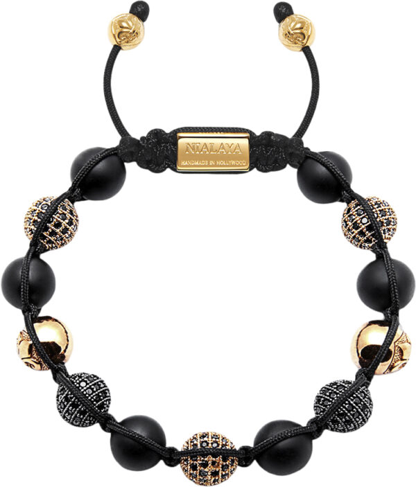 Men's Beaded Bracelet With Matte Onyx and Black/gold CZ Diam Black