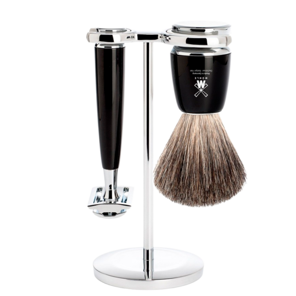 Mühle Barbersæt: DE-Skraber, Pure Badger Barberkost og Holder, Rytmo, Sort Resin (1 sæt)  (Mühle)