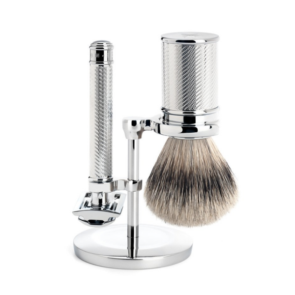 Mühle Barbersæt M. DE-skraber, Silvertip Badger + Holder (Sølv)  (Mühle)